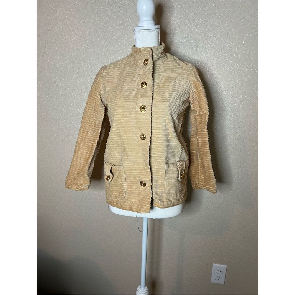 Vintage 50’s 60’s corduroy coat with gold buttons, plaid inside, matching hat -